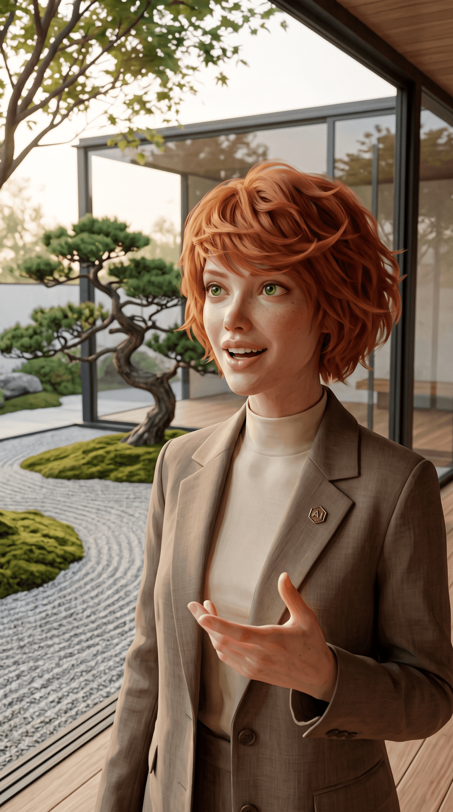 Pam, Thrivbe's openly AI digital colleague, talking in three-quarter profile